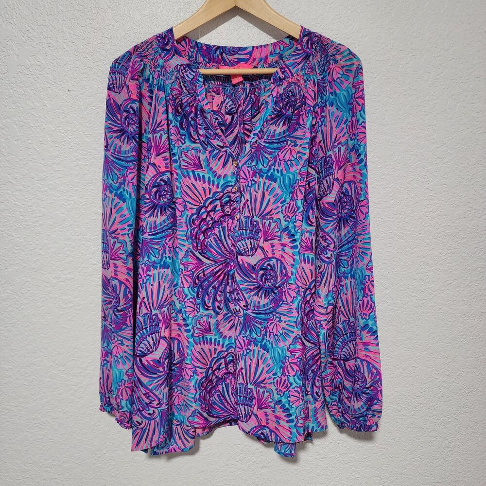 Lilly Pulitzer Seashell Floral Print V-Neck Long Sleeve Blouse Top XL 100% Silk